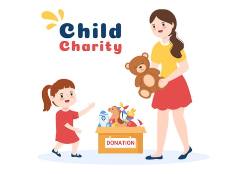 Cardboard Donation Box Containing Toys for Children, Social Care, Volunteering and Charity in Hand Drawn Cartoon Flat Illustration