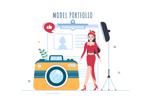 Model Portfolio Template Hand Drawn Cartoon Flat Illustration with Modeling Agency Manager and Photographer take Photos of Model in Platform Design