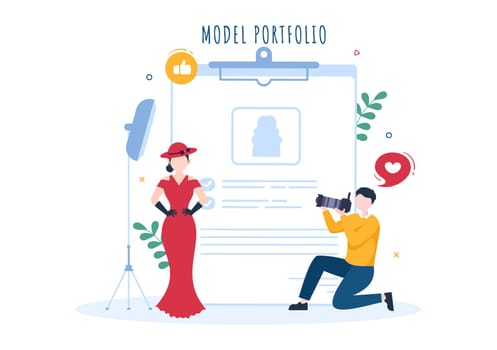 Model Portfolio Template Hand Drawn Cartoon Flat Illustration with Modeling Agency Manager and Photographer take Photos of Model in Platform Design