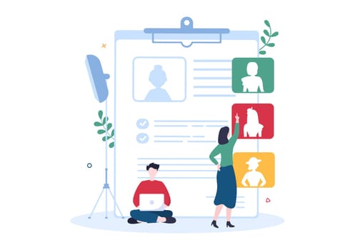 Model Portfolio Template Hand Drawn Cartoon Flat Illustration with Modeling Agency Manager and Photographer take Photos of Model in Platform Design