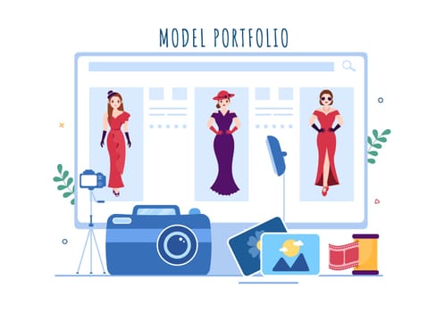 Model Portfolio Template Hand Drawn Cartoon Flat Illustration with Modeling Agency Manager and Photographer take Photos of Model in Platform Design