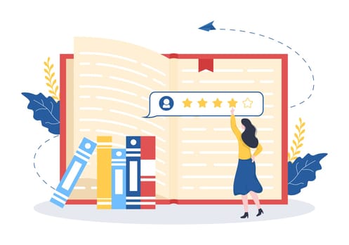 Book Review Template Hand Drawn Cartoon Flat Illustration with Reader Feedback for Analysis, Rating, Satisfaction and Comments About Publications
