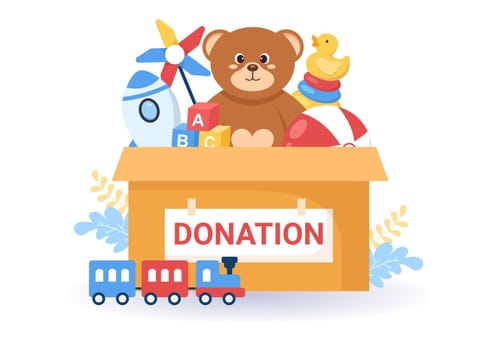 Cardboard Donation Box Containing Toys for Children, Social Care, Volunteering and Charity in Hand Drawn Cartoon Flat Illustration