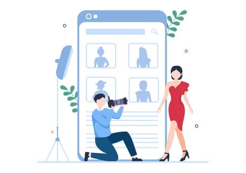 Model Portfolio Template Hand Drawn Cartoon Flat Illustration with Modeling Agency Manager and Photographer take Photos of Model in Platform Design