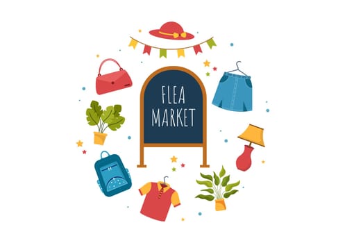 Flea Market Template Hand Drawn Cartoon Flat Illustration Second Hand Shop with Shoppers, Swap Meet, Sellers and Customers at Weekend