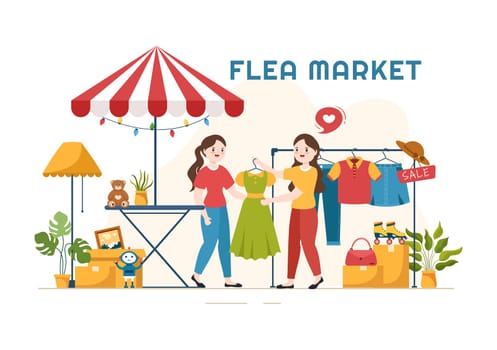 Flea Market Template Hand Drawn Cartoon Flat Illustration Second Hand Shop with Shoppers, Swap Meet, Sellers and Customers at Weekend