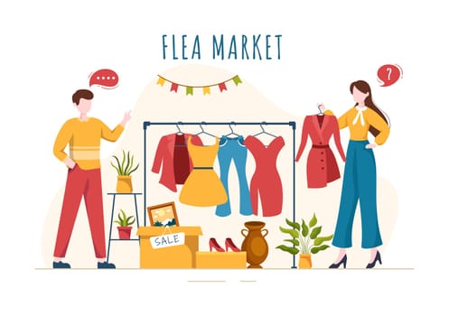 Flea Market Template Hand Drawn Cartoon Flat Illustration Second Hand Shop with Shoppers, Swap Meet, Sellers and Customers at Weekend