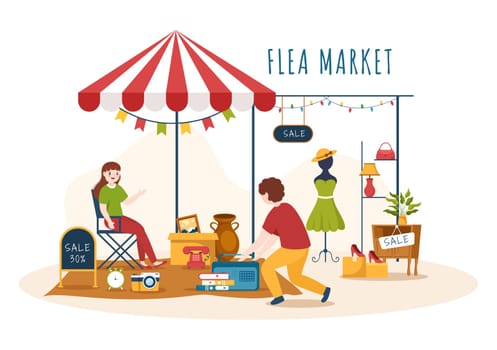 Flea Market Template Hand Drawn Cartoon Flat Illustration Second Hand Shop with Shoppers, Swap Meet, Sellers and Customers at Weekend