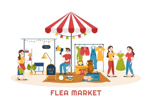 Flea Market Template Hand Drawn Cartoon Flat Illustration Second Hand Shop with Shoppers, Swap Meet, Sellers and Customers at Weekend
