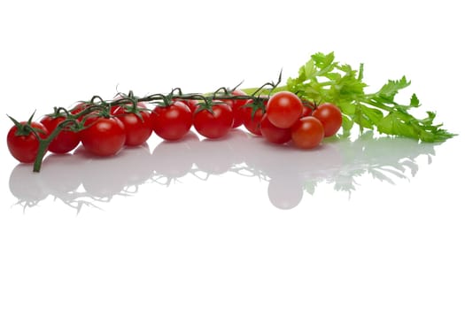 Celery and tomato with reflection on white background