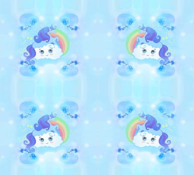 Seamless pattern with cute unicorns and rainbow