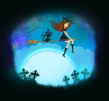 Witch flying on a broom in moonlight - frame, place for your text