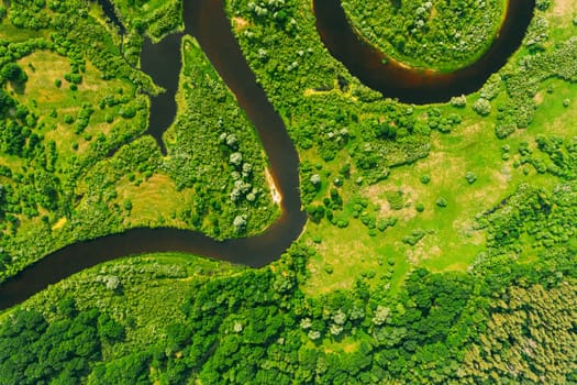 Aerial View Of Summer Curved River Landscape In Sunny Summer Day. Top View Of Beautiful European Nature From High Attitude In Summer Season. Drone View. Bird's Eye View