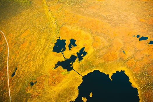 Miory District, Vitebsk Region, Belarus. The Yelnya Swamp. Upland And Transitional Bogs With Numerous Lakes. Elevated Aerial View Of Yelnya Nature Reserve Landscape. Famous Natural Landmark.
