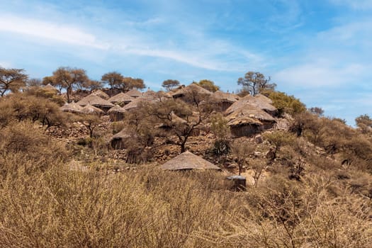 Beautiful north Simien mountain landscape with traditional ethiopian houses in valley. Amhara region, Ethiopia, Africa.
