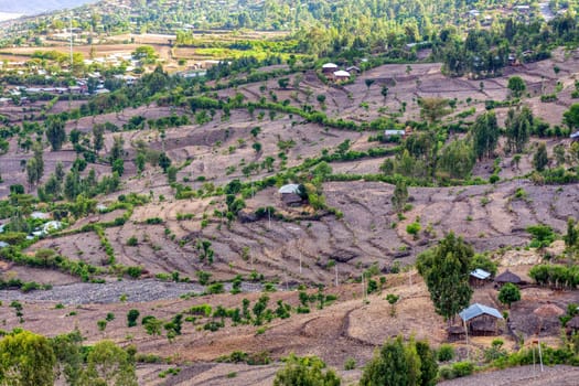 Beautiful highland landscape with traditional ethiopian houses in valley. Ethiopia, Africa.
