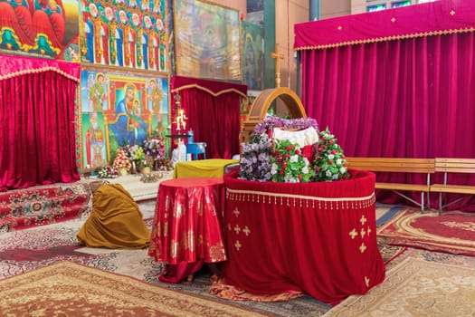 Interior of famous Debre Libanos, Debrelibanos monastery in Ethiopia, lying northwest of Addis Ababa in the Semien Shewa Zone, Oromia. Founded in the 13th century, Ethiopia Africa