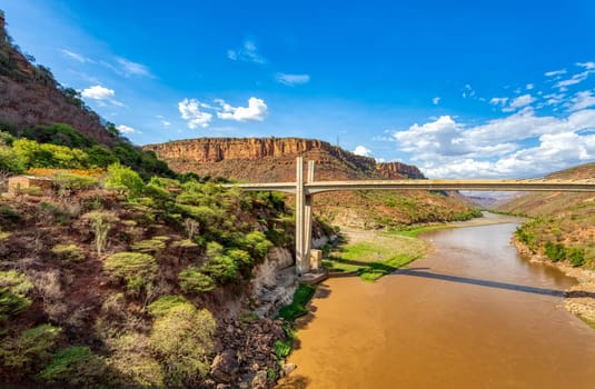 View of new bridge across mountain river Blue Nile near Bahir Dar, Ethiopia.