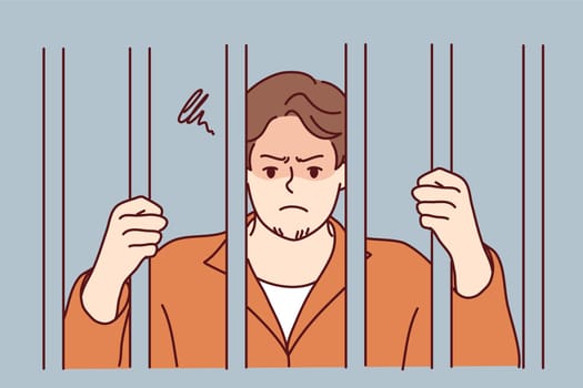 Unhappy man in robe behind bars in jail. Angry male criminal imprisoned for crime or misdemeanor. Imprisonment and sentence. Vector illustration.