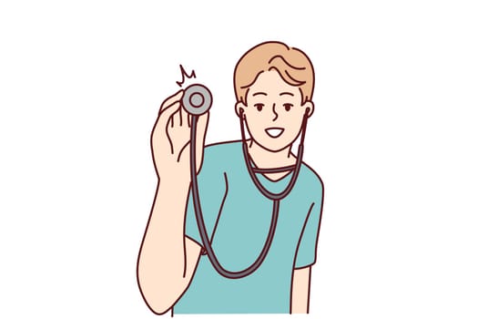 Smiling male doctor with stethoscope ready to examine patient in hospital. Happy man therapist or GP with phonendoscope. Vector illustration.