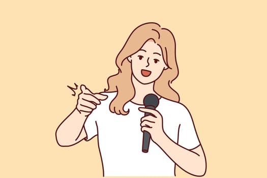 Woman with microphone make speech point at screen. Smiling female speaker with mic communicate with audience. Vector illustration.