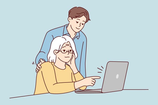 Young guy help old grandmother with laptop work. Mature grandma sit at desk working on computer with grandchild assist. Vector illustration.