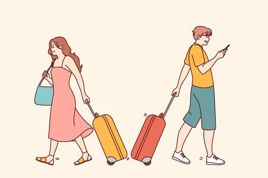 People with suitcases ready to travel in airport. Smiling tourist with baggage before vacation. Tourism and holidays. Vector illustration.