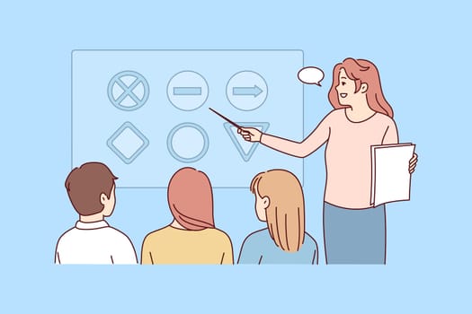 Female teacher make presentation in automotive courses. Woman tutor talk explain at lesson in driving school to pupils or students. Vector illustration.