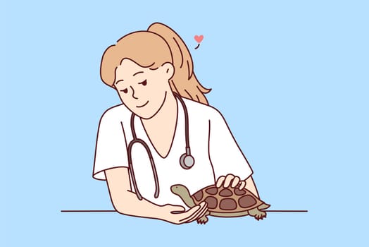 Smiling female veterinarian take care of turtle in hospital. Happy woman vet doctor cure small domestic pet in clinic. Vector illustration.