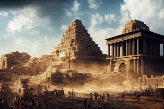 Acient city of Babylon with the tower of Babel, bible and religion, new testament, speech in different languages,Illustration