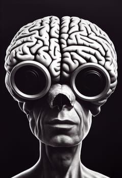 Illustration of a surreal portrait of a man with a brain and eyeglasses, skull face with broken nose, transhuman and articial intelligence