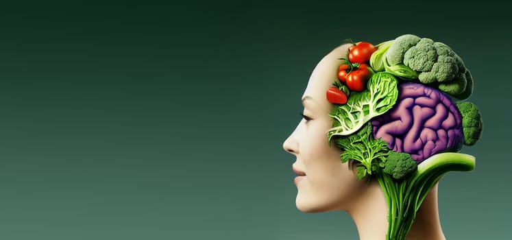Illustration of a brain made from vegetables like broccoli, cabbage and leek, healthy food and lifestyle, vegan nourishment