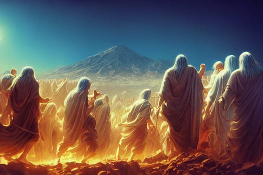 Illustration of the Exodus of the bible, Moses crossing the desert with the Israelites, escape from the Egyptians