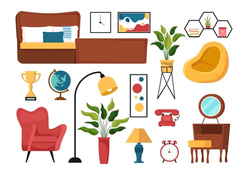 Home Decor Template Hand Drawn Cartoon Illustration The set of Furniture and Living Room Interior in Flat Style Design