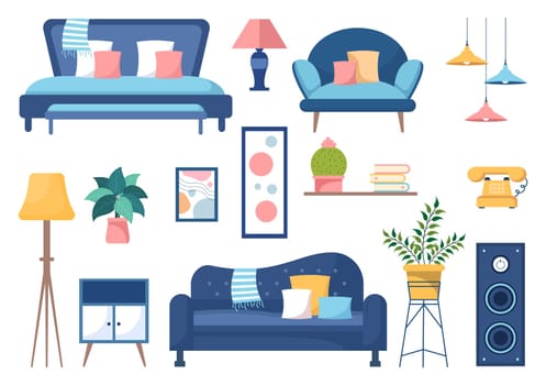 Home Decor Template Hand Drawn Cartoon Illustration The set of Furniture and Living Room Interior in Flat Style Design