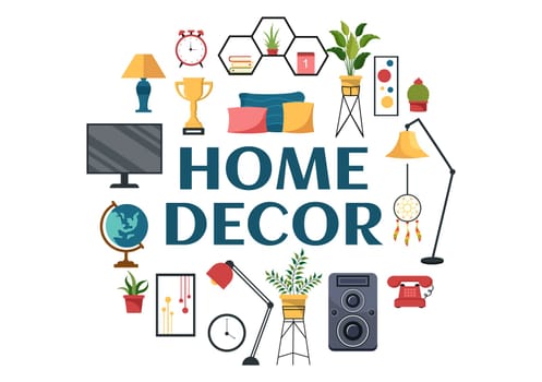 Home Decor Template Hand Drawn Cartoon Illustration The set of Furniture and Living Room Interior in Flat Style Design