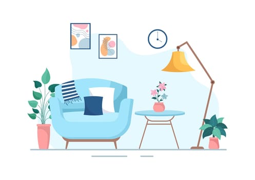 Home Decor Template Hand Drawn Cartoon Illustration The set of Furniture and Living Room Interior in Flat Style Design