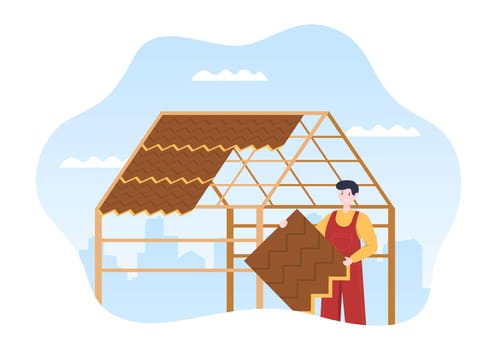 Roofing Construction Workers Template Hand Drawn Cartoon Flat Illustration with Housetop Renovation, Fixing Rooftop Tile House and Roof Reconstruction