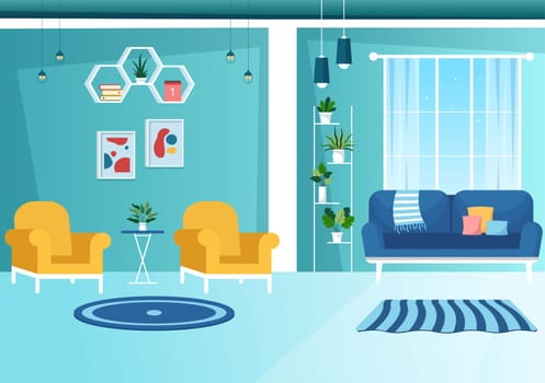 Home Decor Template Hand Drawn Cartoon Illustration The set of Furniture and Living Room Interior in Flat Style Design