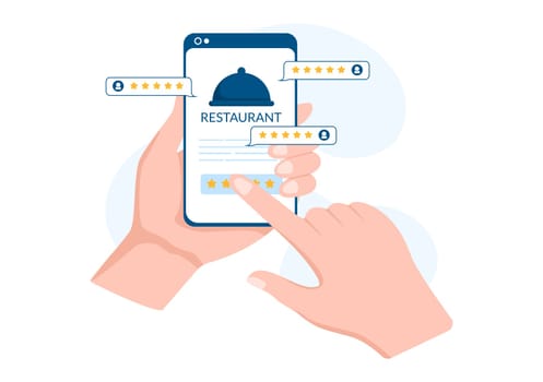 Restaurant Rating Review Template Hand Drawn Cartoon Flat Illustration with Customer Feedback, Rate Star, Expert Opinion and Online Survey