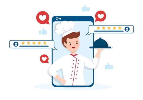 Restaurant Rating Review Template Hand Drawn Cartoon Flat Illustration with Customer Feedback, Rate Star, Expert Opinion and Online Survey