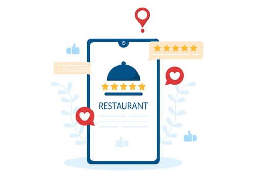 Restaurant Rating Review Template Hand Drawn Cartoon Flat Illustration with Customer Feedback, Rate Star, Expert Opinion and Online Survey