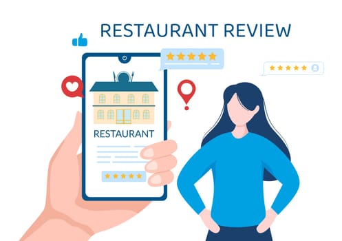 Restaurant Rating Review Template Hand Drawn Cartoon Flat Illustration with Customer Feedback, Rate Star, Expert Opinion and Online Survey