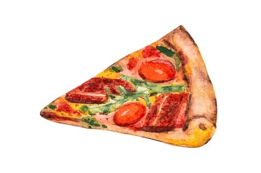 Slice of pizza with bacon and arugula (salad rocket). Watercolor hand drawn illustration isolated on white background.