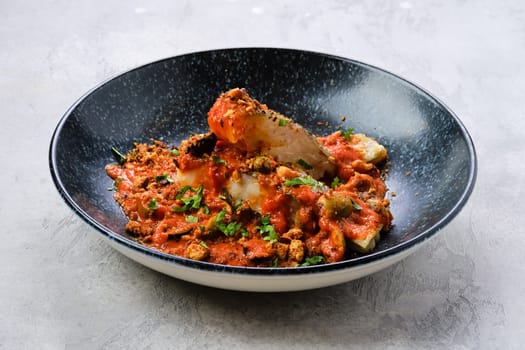 Roasted zander served with steamed tomato, onion and olive sauce  on a plate
