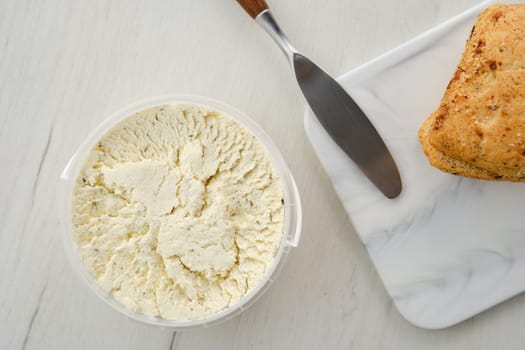 Top view of country style cottage cheese in a pot