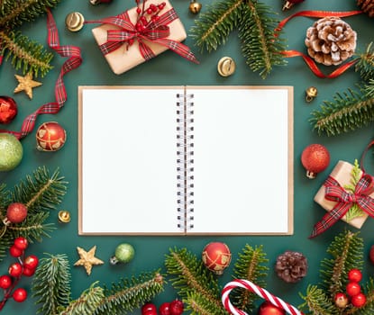 Blank open notepad on a green background near red, golden and green Christmas decorations and fir branches top view. New Year Textbook mockup, copy space. Planning and organizing concept
