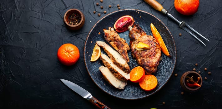 Meat steak, pork, cutlet on the bone fried in a citrus marinade.