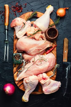Pieces of raw poultry meat and spices for meat. Chicken meat, uncooked