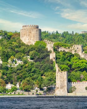 View of ruins of Rumelihisari, Bogazkesen Castle, or Rumelian Castle, in a sunny day, located at the hills of the European side of Bosphorus Strait, Istanbul, Turkey, built by Ottoman Sultan Mehmet II